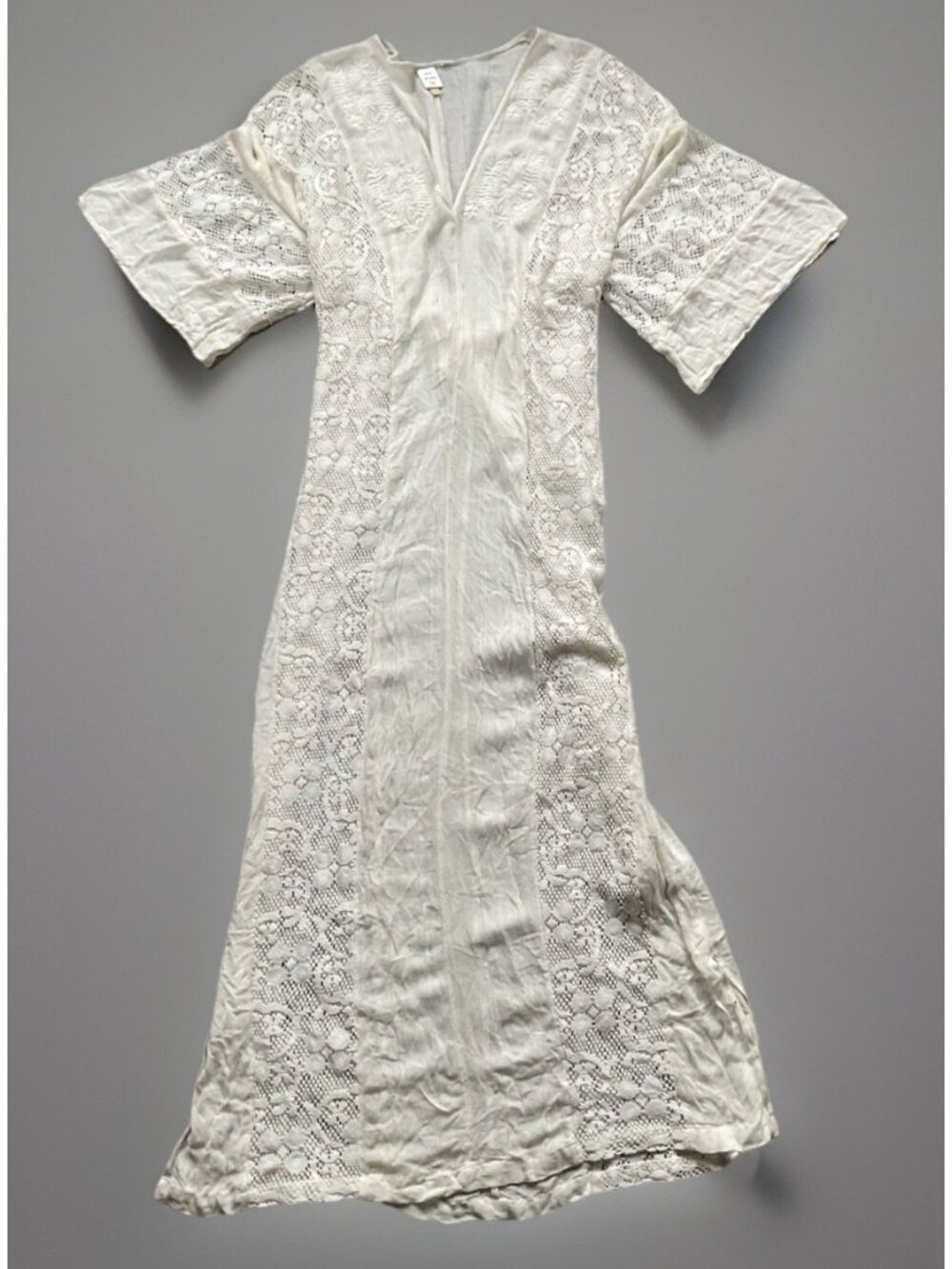 Boho Lace Panel Dress Cream Midi Tunic Rayon Festival Cottagecore S/M